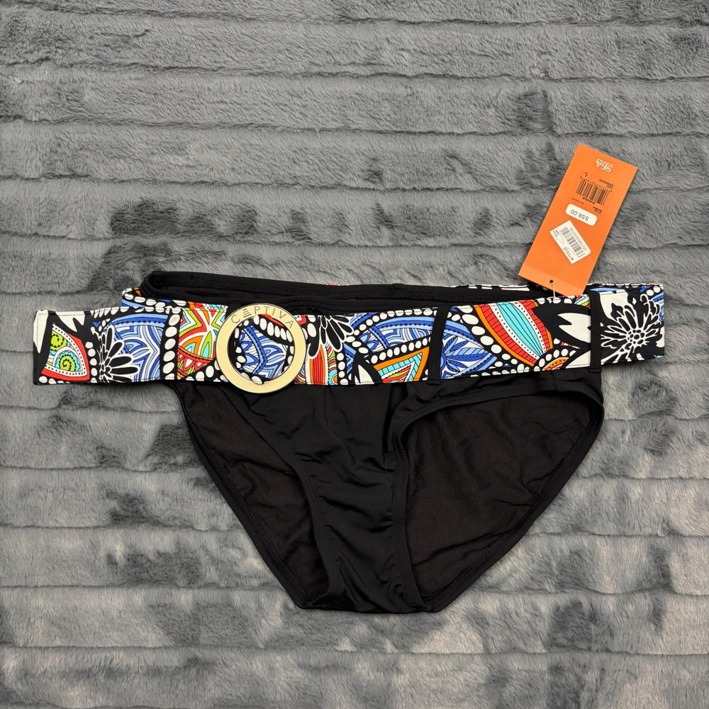 Captiva Womens Bikini Swim Bottom Black Multi Color Belted Ring Large 3313442